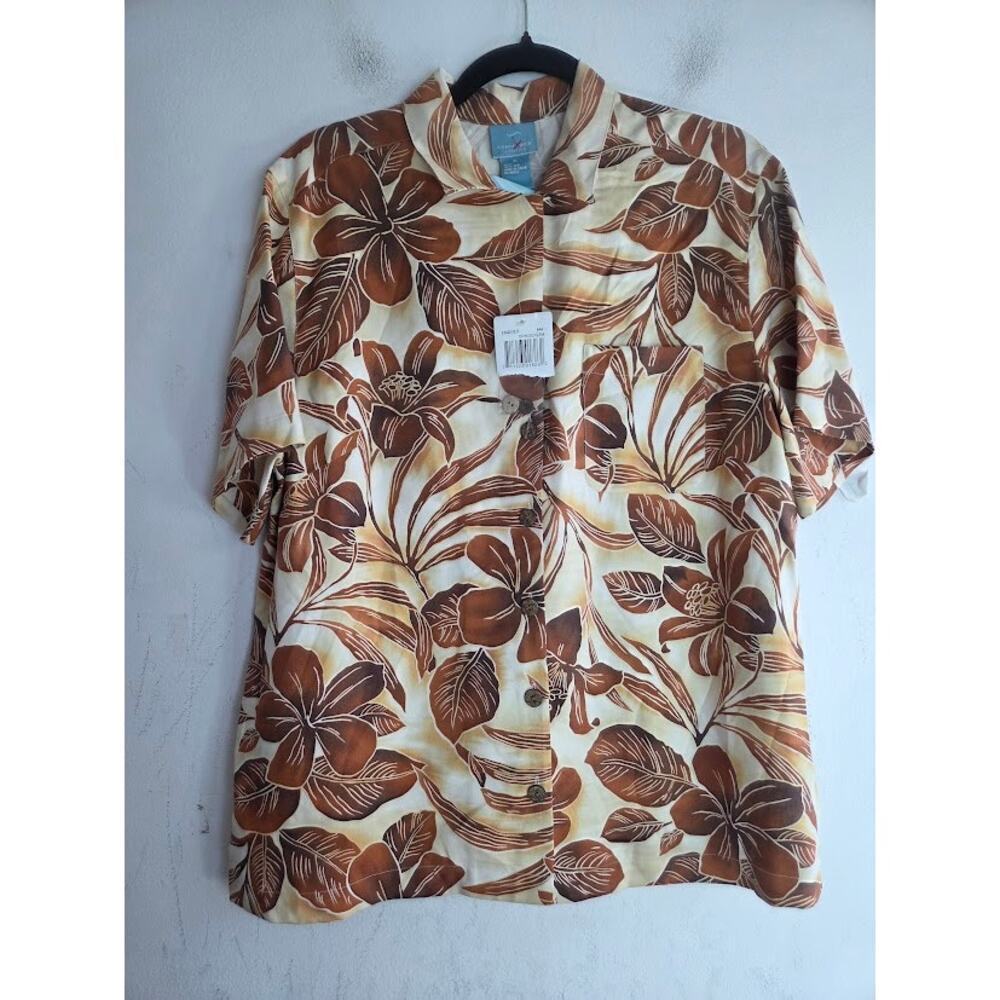 NWT August Silk Brown w/Beige Floral 100% Silk Button Up Short Sleeve Shirt XL,